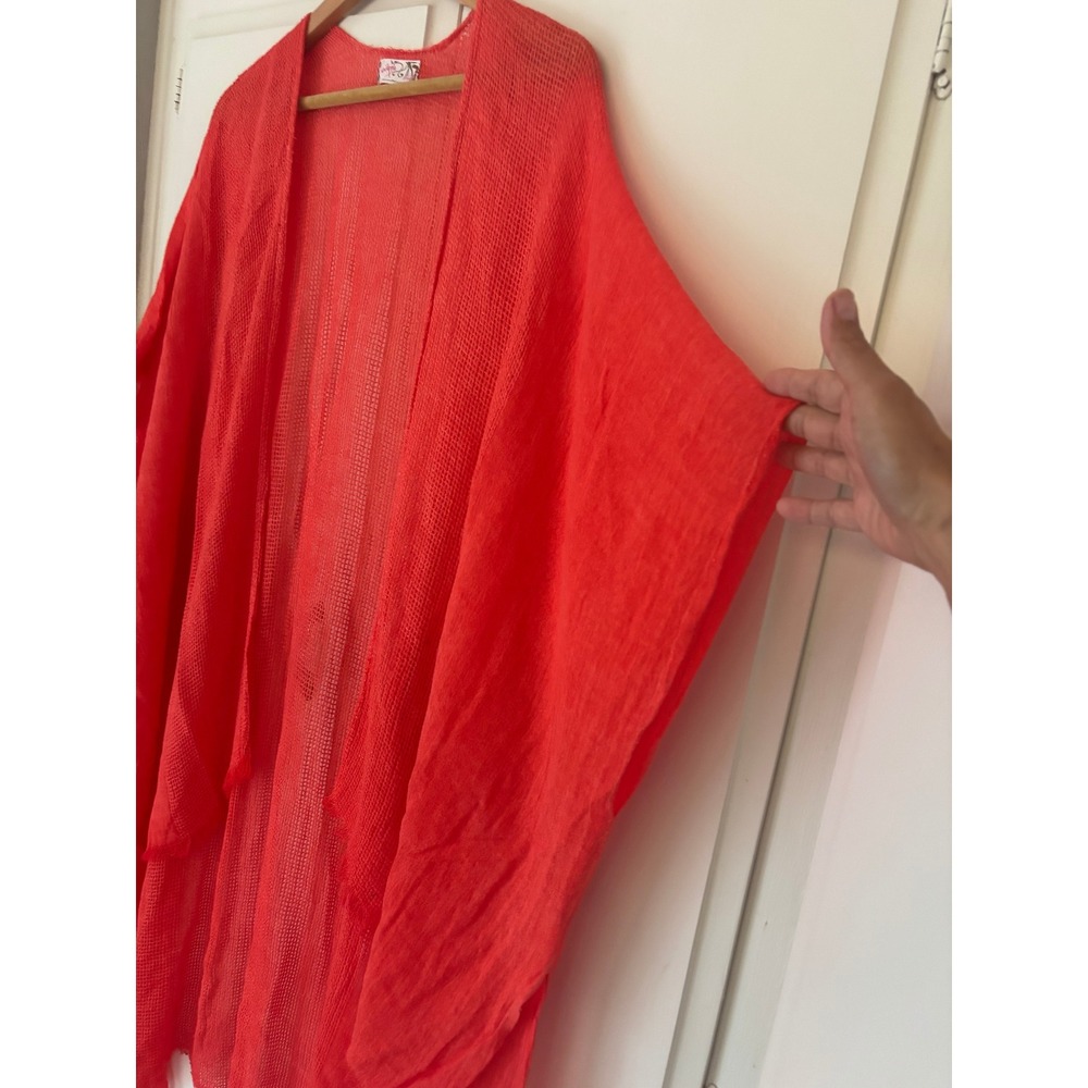 Free People x All Tous Coral Orange Mesh Knit Frayed Kimono Wrap One Size - Picture 2 of 9